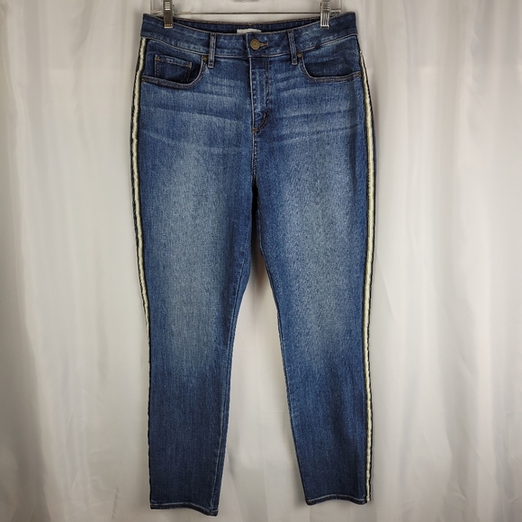 NEW LOFT Womens High Rise Skinny Ribbon Tuxedo Stripe Blue Denim Jeans Size 10 - Picture 1 of 15